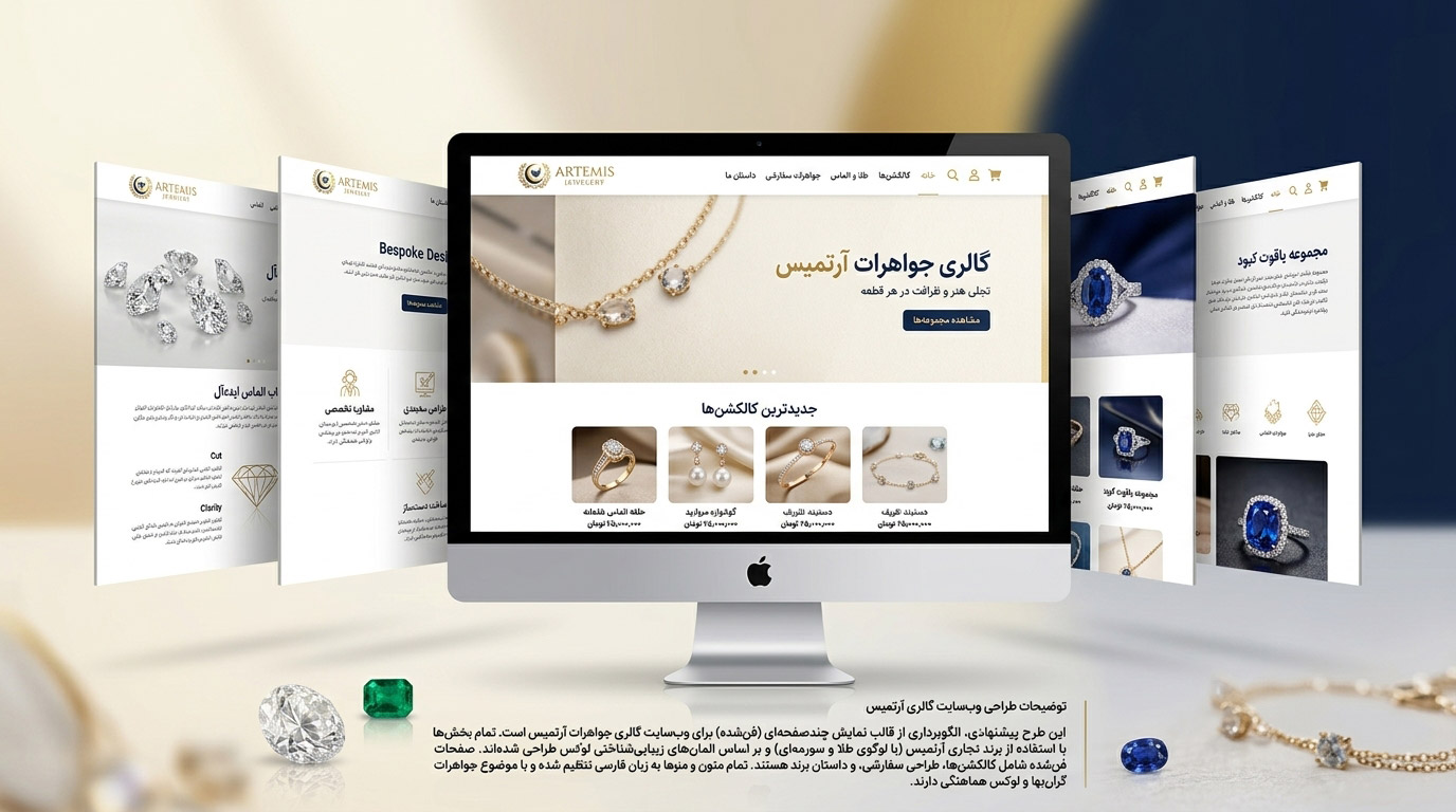 موکاپ طراحی سایت طلافروشی آرتمیس در نمایشگرهای مختلف با ظاهر لوکس و سورمهای طلایی