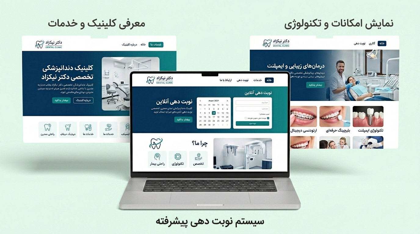 موکاپ نمایش صفحات وبسایت در پروژه طراحی سایت دندان پزشکی کلینیک دکتر نیکزاد با تم سبز تیل و سرمهای