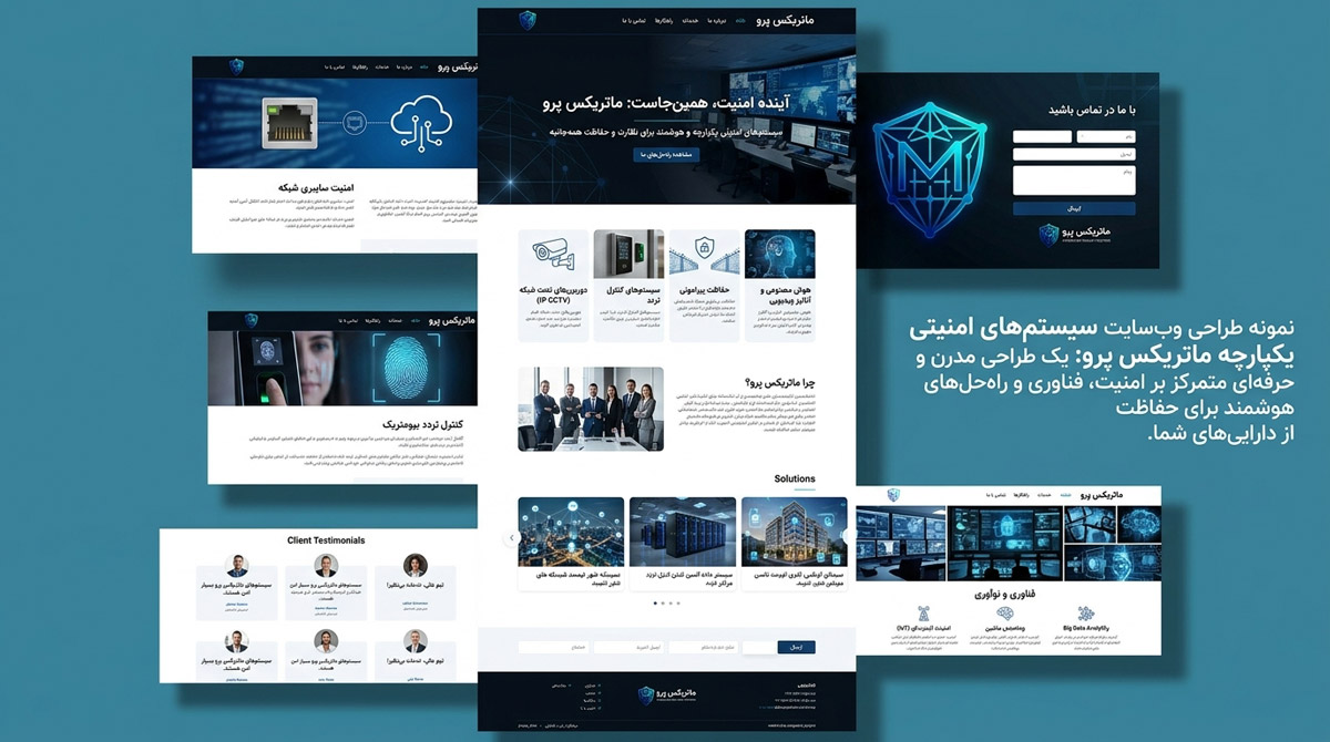 موکاپ چندصفحه وبسایت در پروژه طراحی سایت سیستمهای امنیتی ماتریکس پرو با تم تیره و آبی نئونی