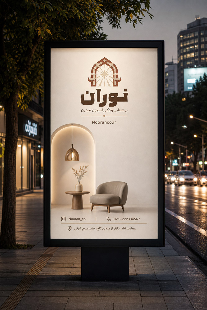 نمای صفحه اصلی، طراحی بیلبورد و پوستر تبلیغاتی در پروژه طراحی سایت تجهیزات روشنایی نوران توسط نتانیک