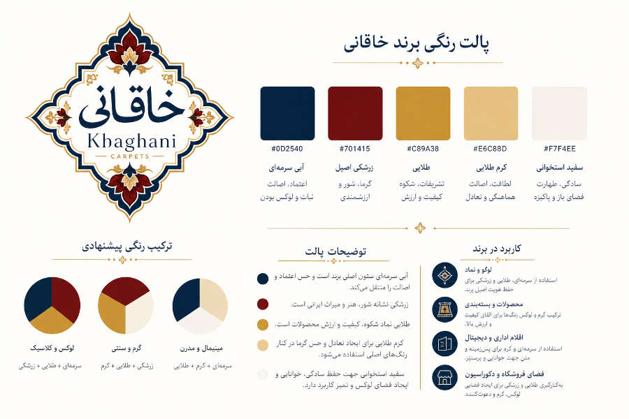پالت رنگی لوکس شامل آبی سرمهای، زرشکی، طلایی و استخوانی در برندینگ و طراحی سایت فرش خاقانی