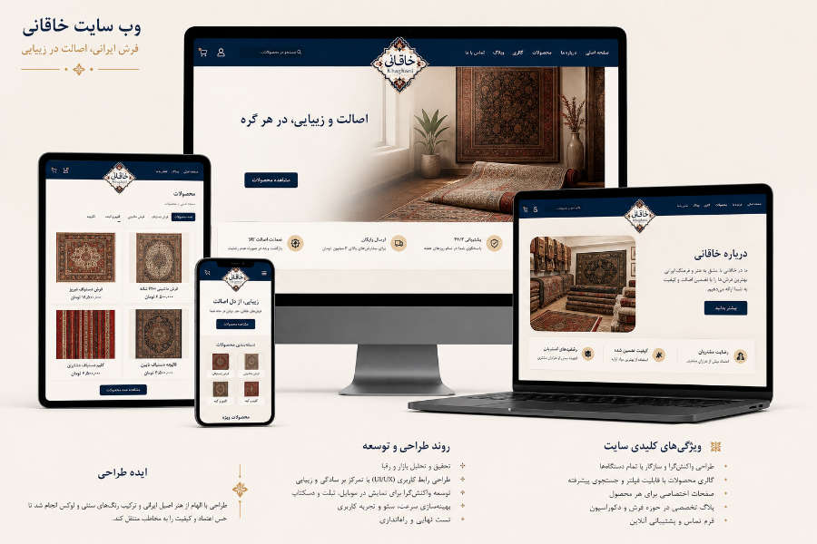نمایش پلتفرم دسکتاپ، تبلت و موبایل در پروژه برندینگ، سئو و طراحی سایت فرش خاقانی
