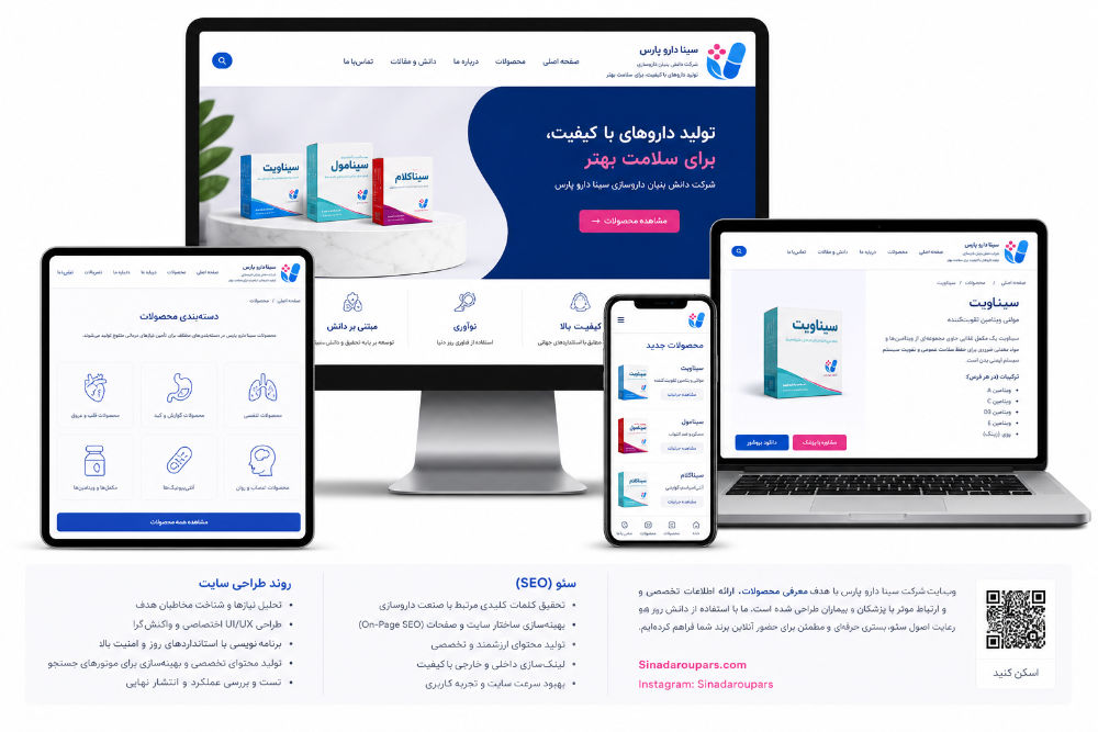 نمایش پلتفرم دسکتاپ، تبلت و موبایل در پروژه برندینگ، هویت بصری و سئو داروسازی سینا دارو پارس