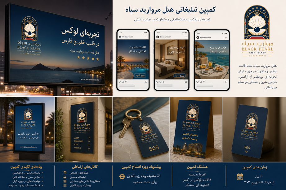 کمپینهای تبلیغات محیطی و دیجیتال مارکتینگ شامل بیلبورد و شبکههای اجتماعی پس از طراحی لوگو هتل مروارید سیاه